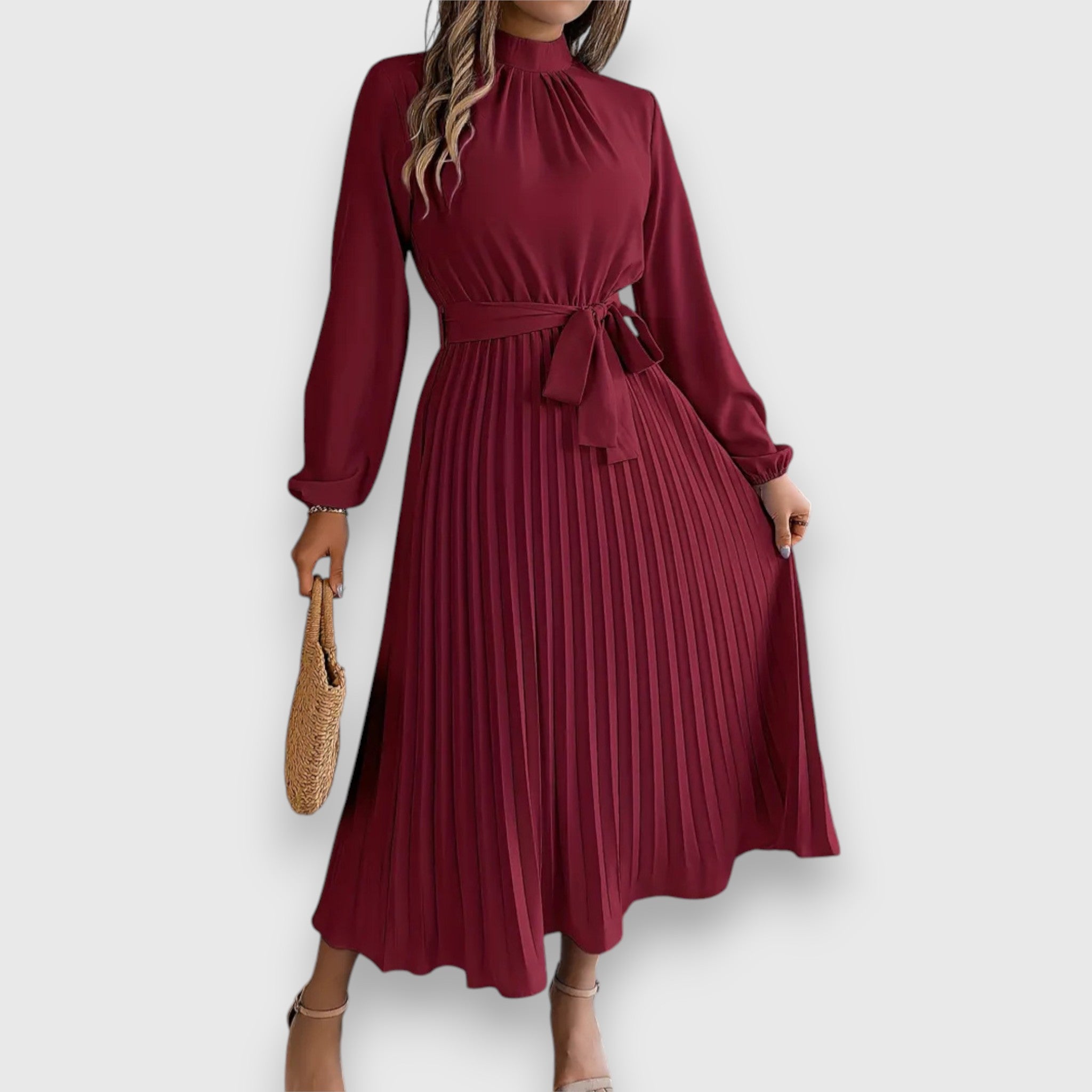 Ruched Mock Neck Bow Tie Waist Pleated Skirt Long Sleeve Midi Dress