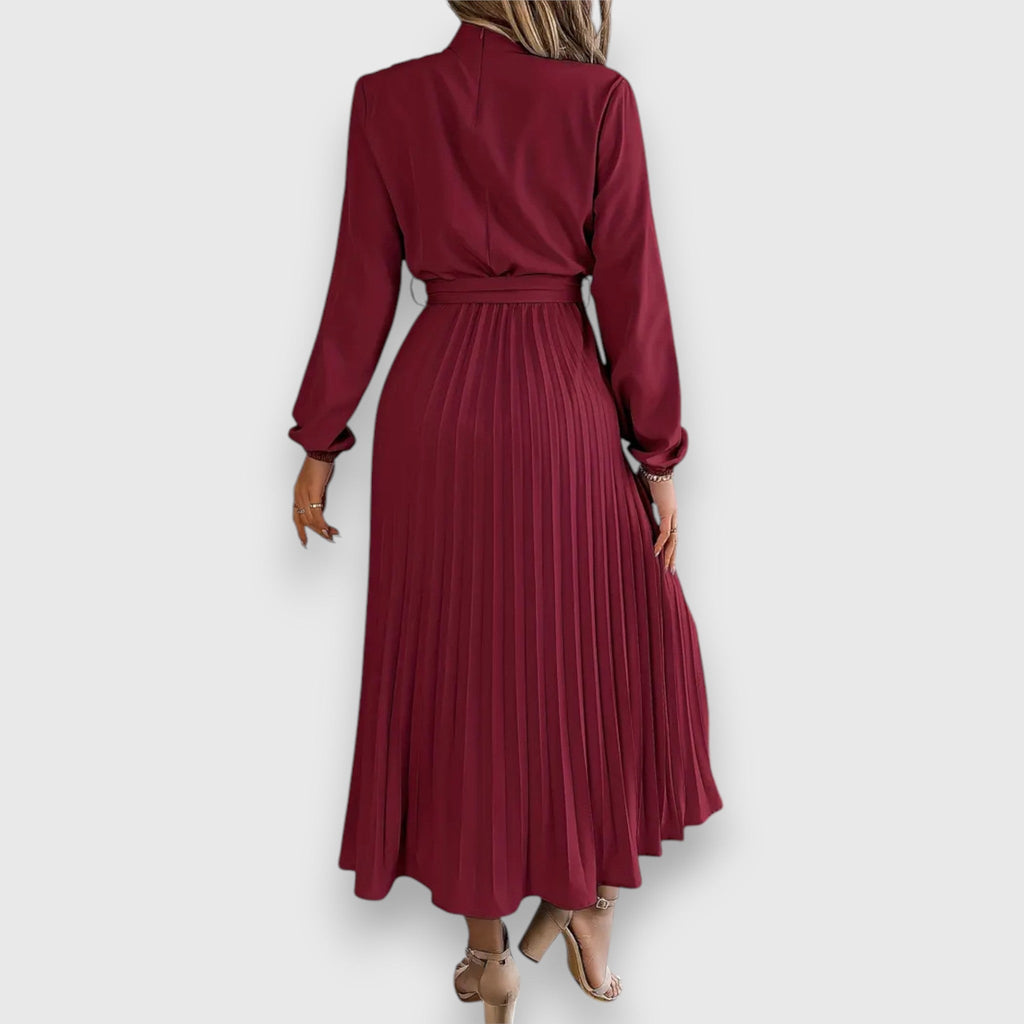 Ruched Mock Neck Bow Tie Waist Pleated Skirt Long Sleeve Midi Dress