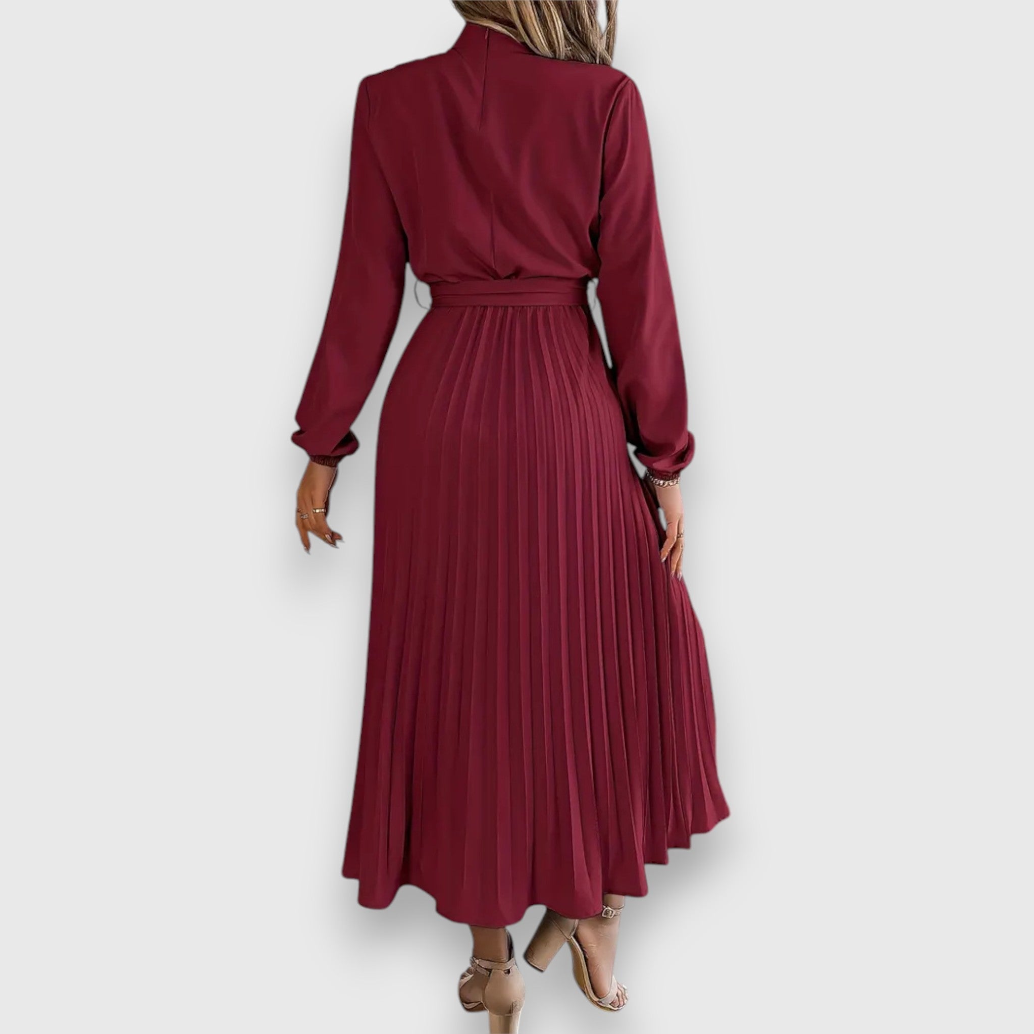 Ruched Mock Neck Bow Tie Waist Pleated Skirt Long Sleeve Midi Dress