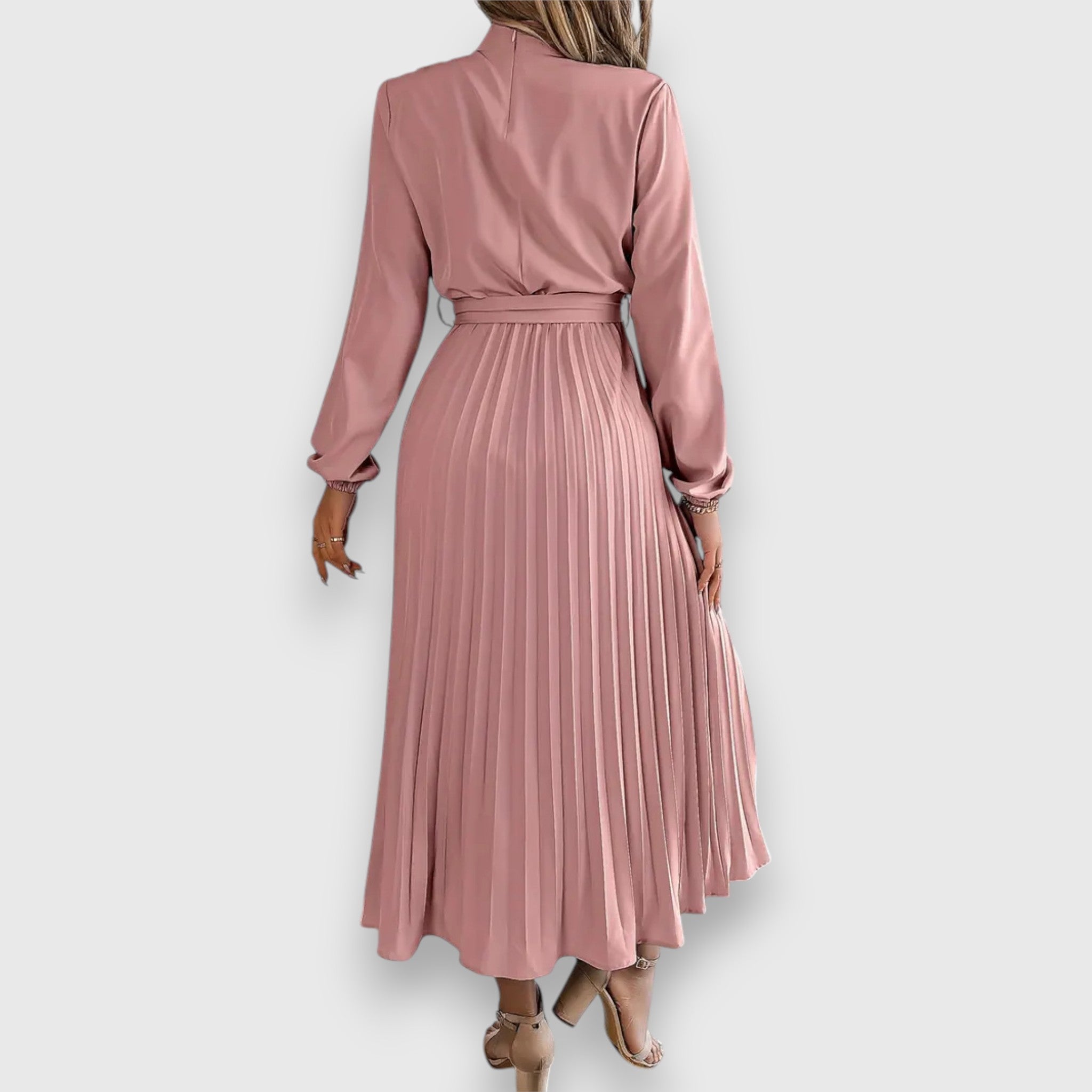 Ruched Mock Neck Bow Tie Waist Pleated Skirt Long Sleeve Midi Dress