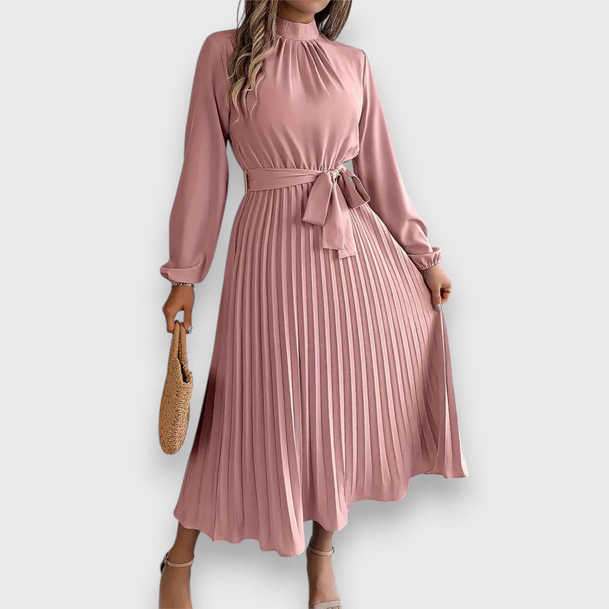 Ruched Mock Neck Bow Tie Waist Pleated Skirt Long Sleeve Midi Dress
