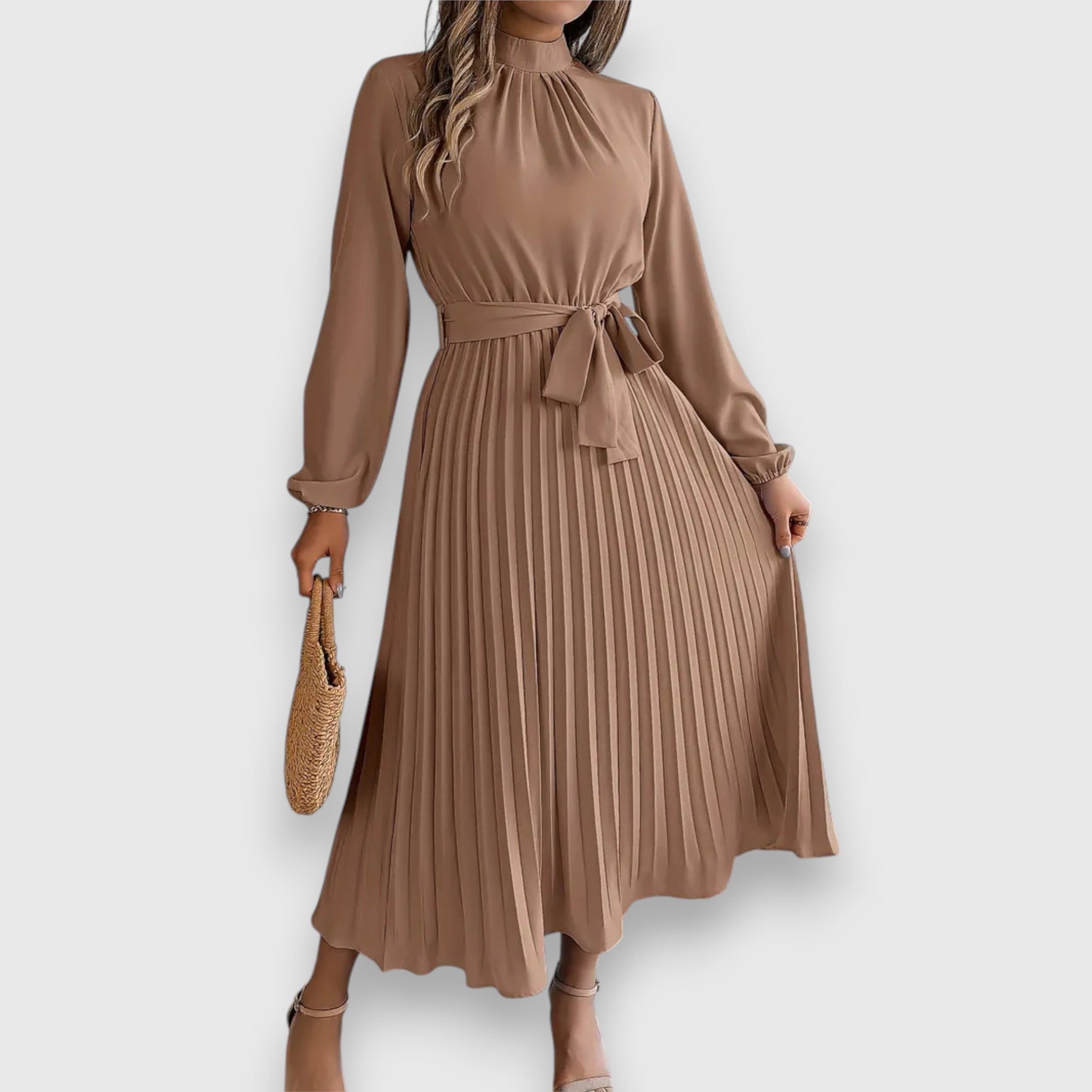 Ruched Mock Neck Bow Tie Waist Pleated Skirt Long Sleeve Midi Dress