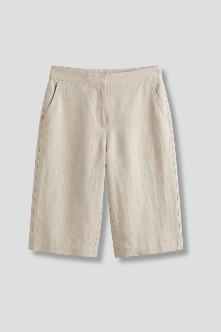 Tailored Flat Front Slash Pocket Knee Length Linen Short