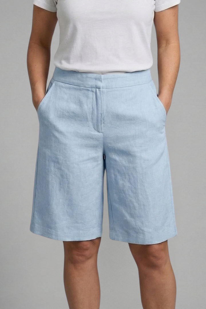Tailored Flat Front Slash Pocket Knee Length Linen Short