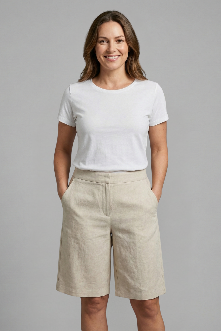 Tailored Flat Front Slash Pocket Knee Length Linen Short