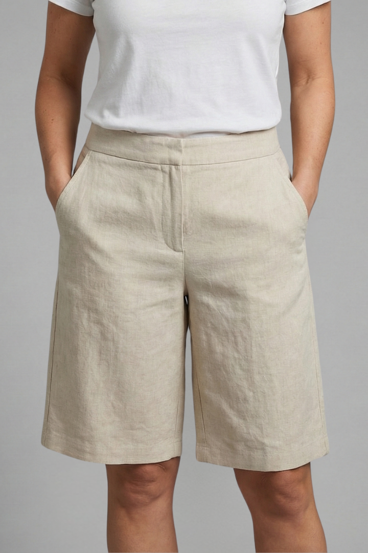 Tailored Flat Front Slash Pocket Knee Length Linen Short