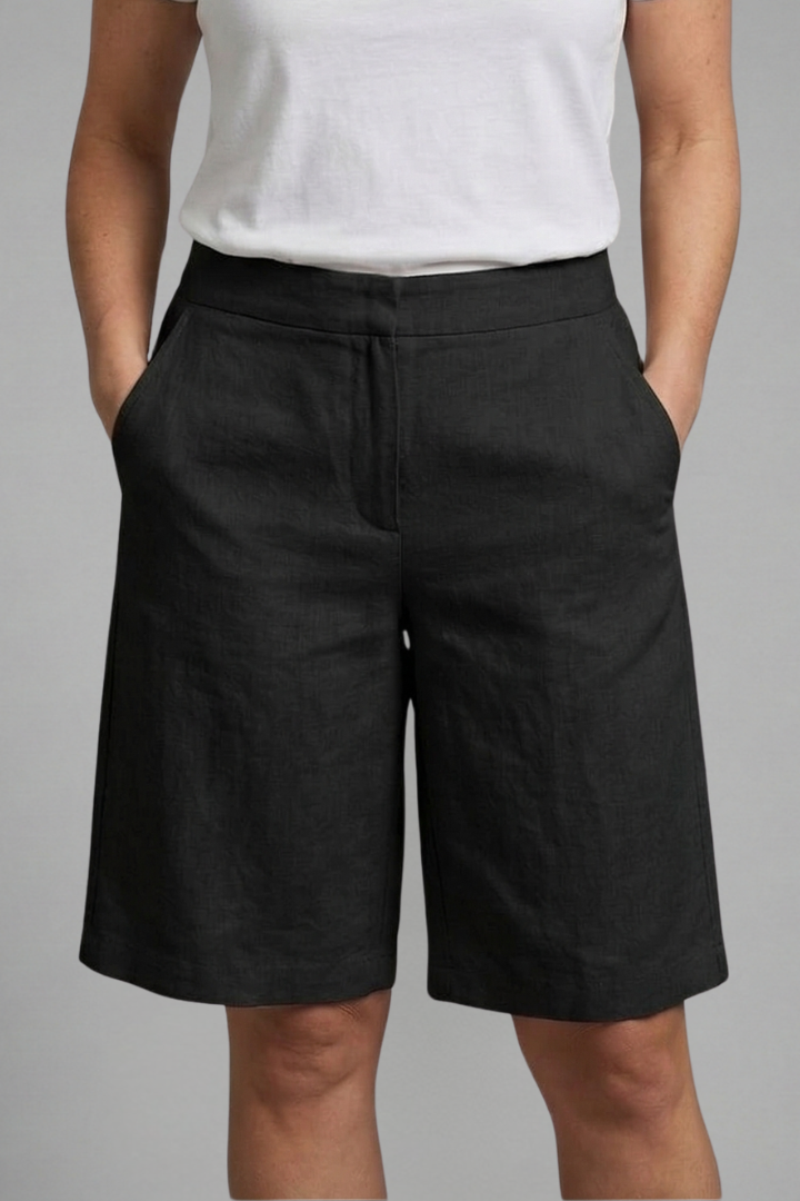 Tailored Flat Front Slash Pocket Knee Length Linen Short