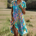 Abstract Floral V Neck High Low Casual Midi Dress