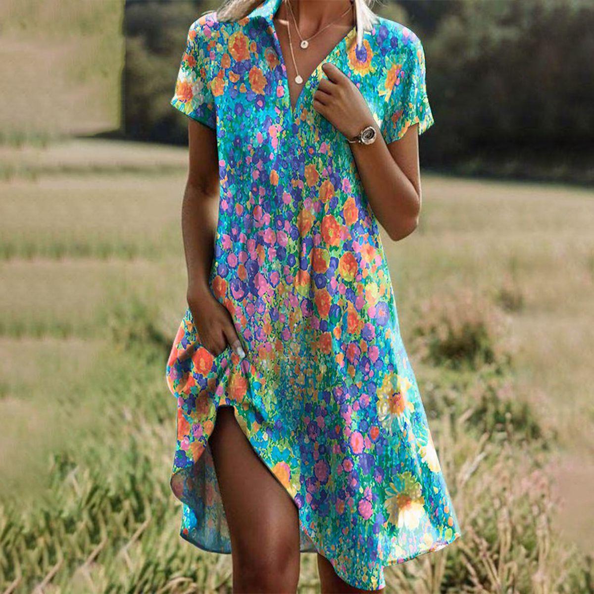 Abstract Floral V Neck High Low Casual Midi Dress