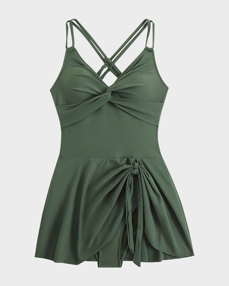 Twist Front Knot Hem Double Strap One Piece Swimsuit