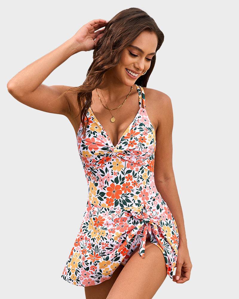 Twist Front Knot Hem Double Strap One Piece Swimsuit