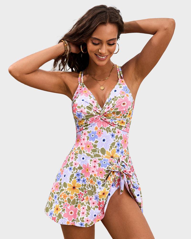 Twist Front Knot Hem Double Strap One Piece Swimsuit