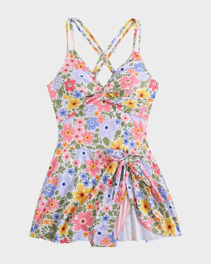 Twist Front Knot Hem Double Strap One Piece Swimsuit
