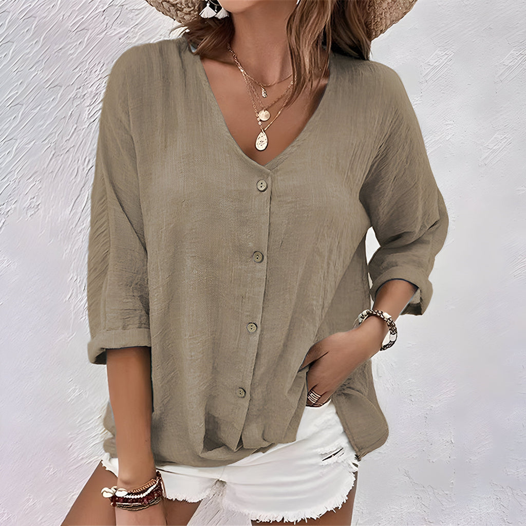 V Neck Button Down Roll Sleeve Relaxed Cotton Blouse