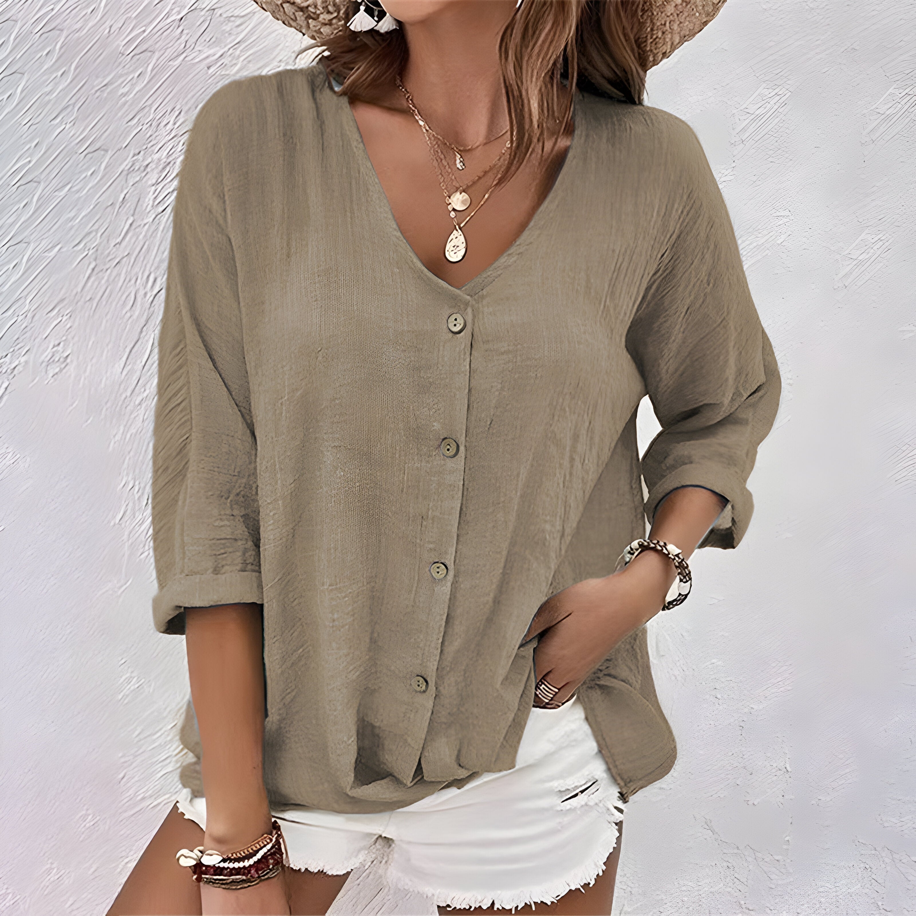 V Neck Button Down Roll Sleeve Relaxed Cotton Blouse