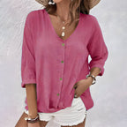 V Neck Button Down Roll Sleeve Relaxed Cotton Blouse