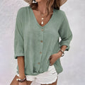 V Neck Button Down Roll Sleeve Relaxed Cotton Blouse