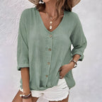 V Neck Button Down Roll Sleeve Relaxed Cotton Blouse