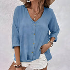 V Neck Button Down Roll Sleeve Relaxed Cotton Blouse