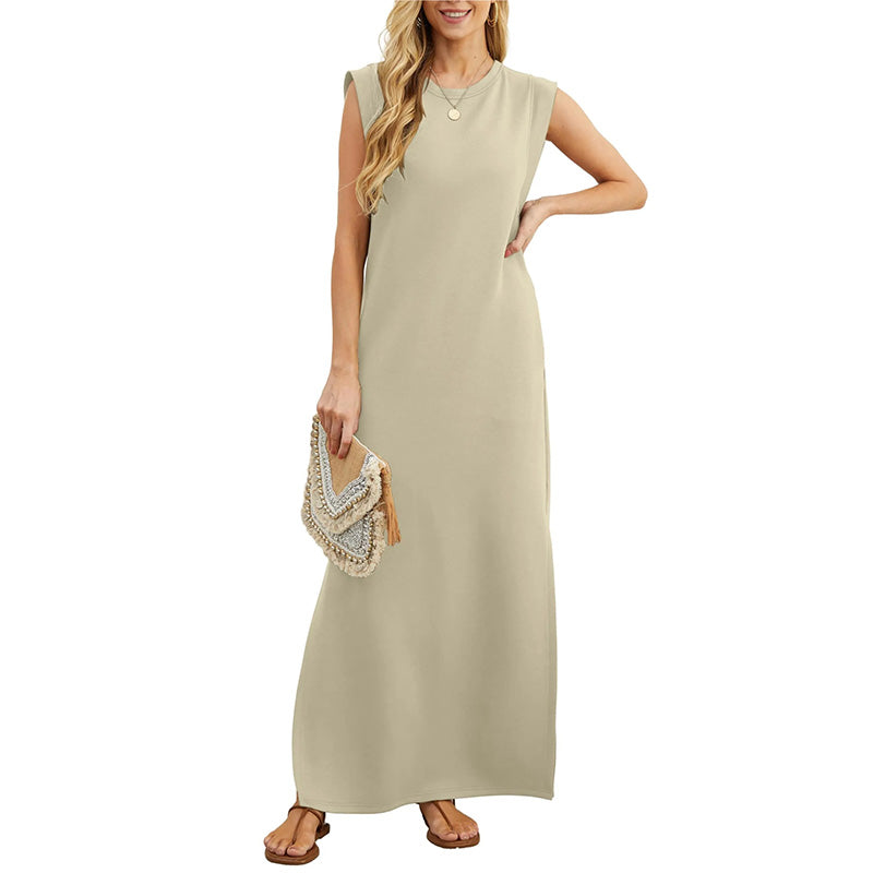 Shoulder Pad Sleeveless Crew Neck Casual Maxi Dress