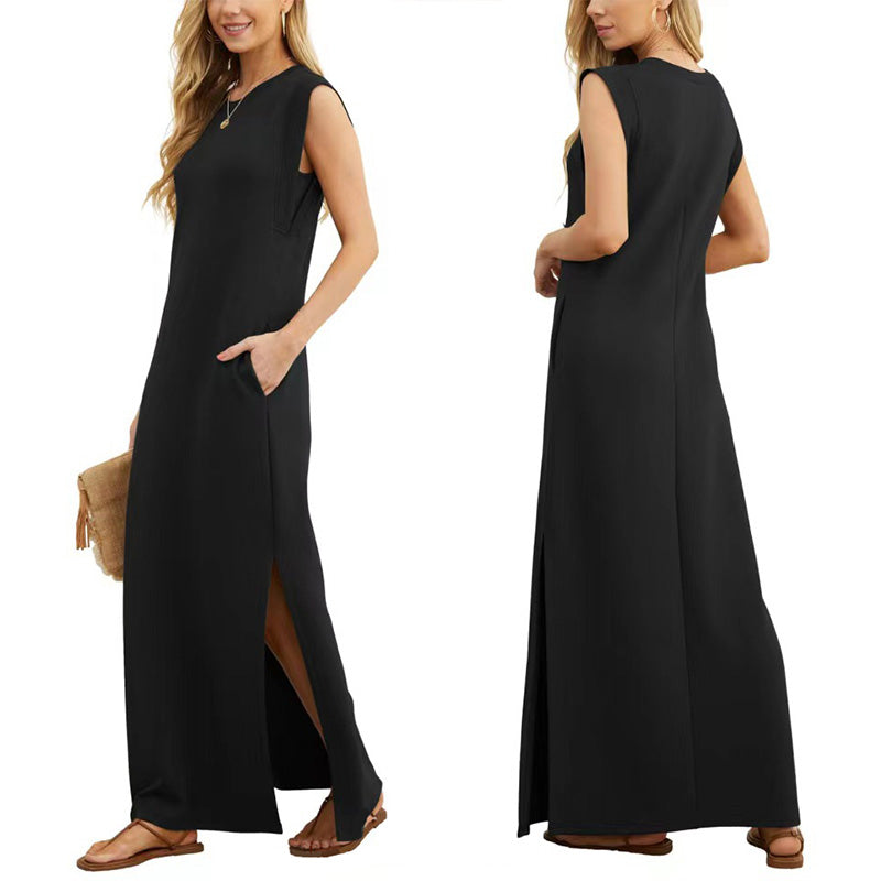 Shoulder Pad Sleeveless Crew Neck Casual Maxi Dress