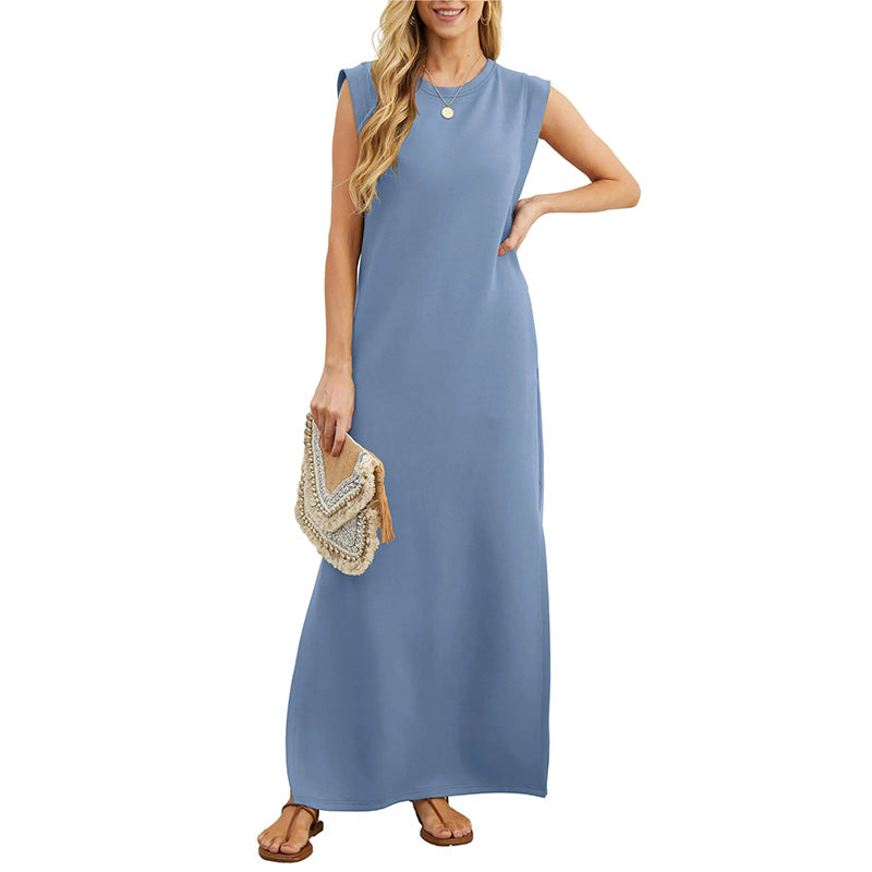 Shoulder Pad Sleeveless Crew Neck Casual Maxi Dress
