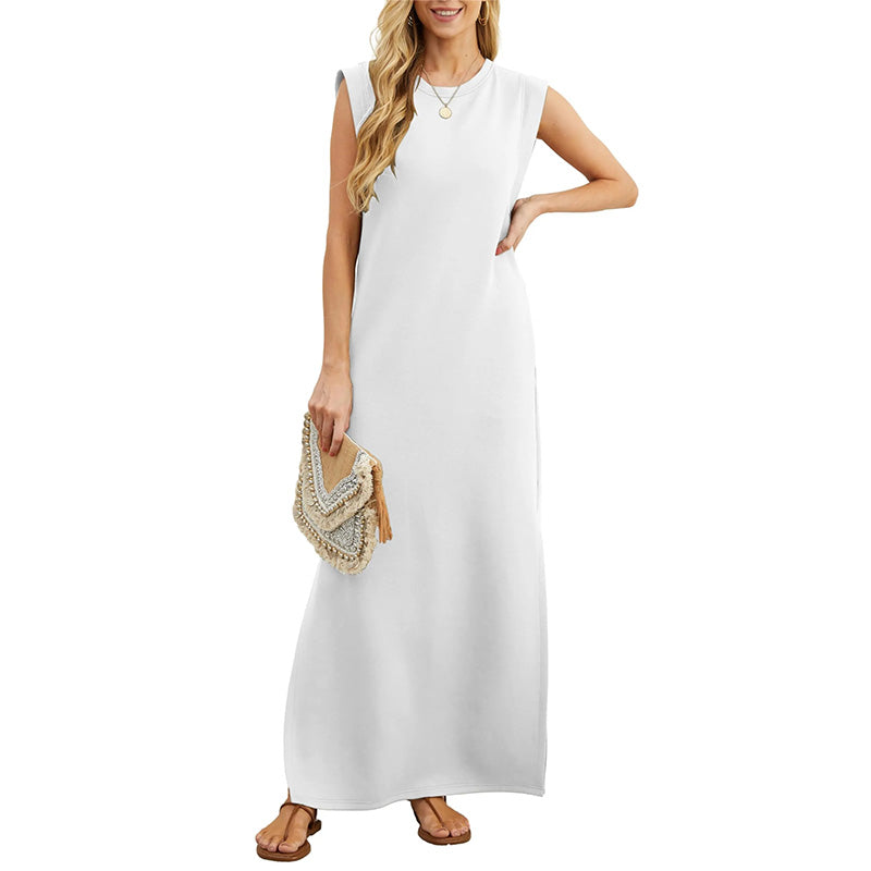 Shoulder Pad Sleeveless Crew Neck Casual Maxi Dress