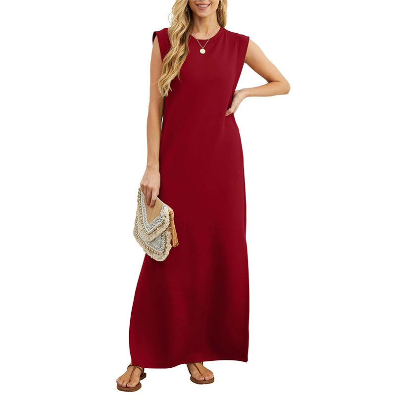 Shoulder Pad Sleeveless Crew Neck Casual Maxi Dress