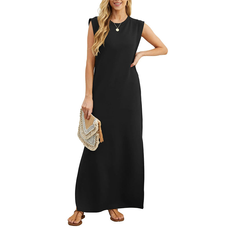 Shoulder Pad Sleeveless Crew Neck Casual Maxi Dress