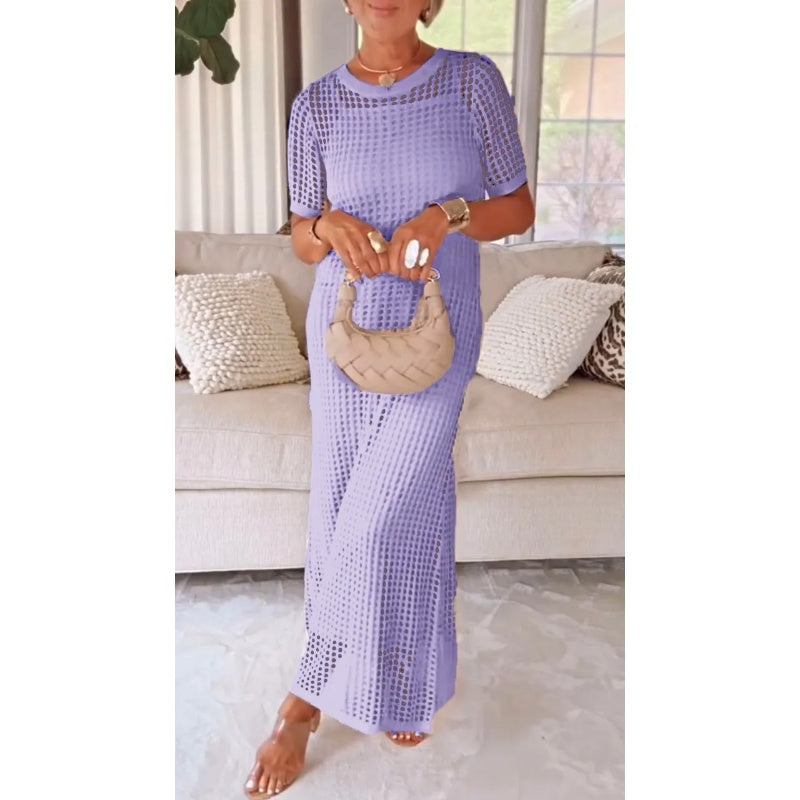 Open Knit Crochet Mesh Short Sleeve Maxi Dress