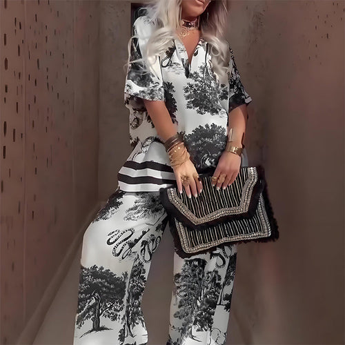 Baroque Print Flare Sleeve Wide Leg Jumpsuit Two Piece Set- Summer