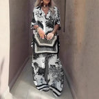Baroque Print Flare Sleeve Wide Leg Jumpsuit Two Piece Set- Summer