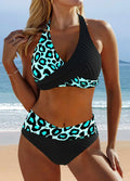 Leopard Print Halter Neck Crossover Textured High Waist Bikini