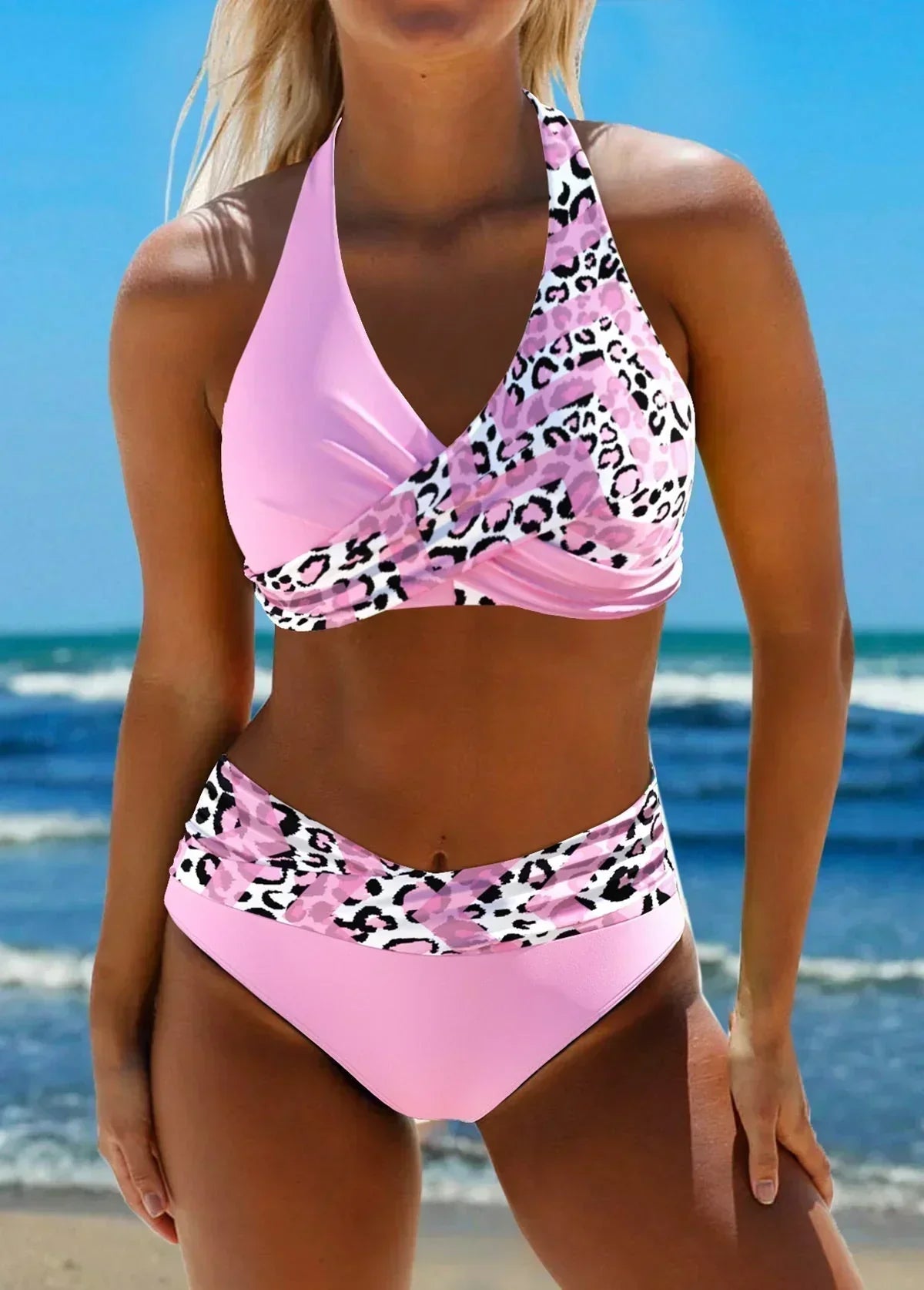 Leopard Print Halter Neck Crossover Textured High Waist Bikini