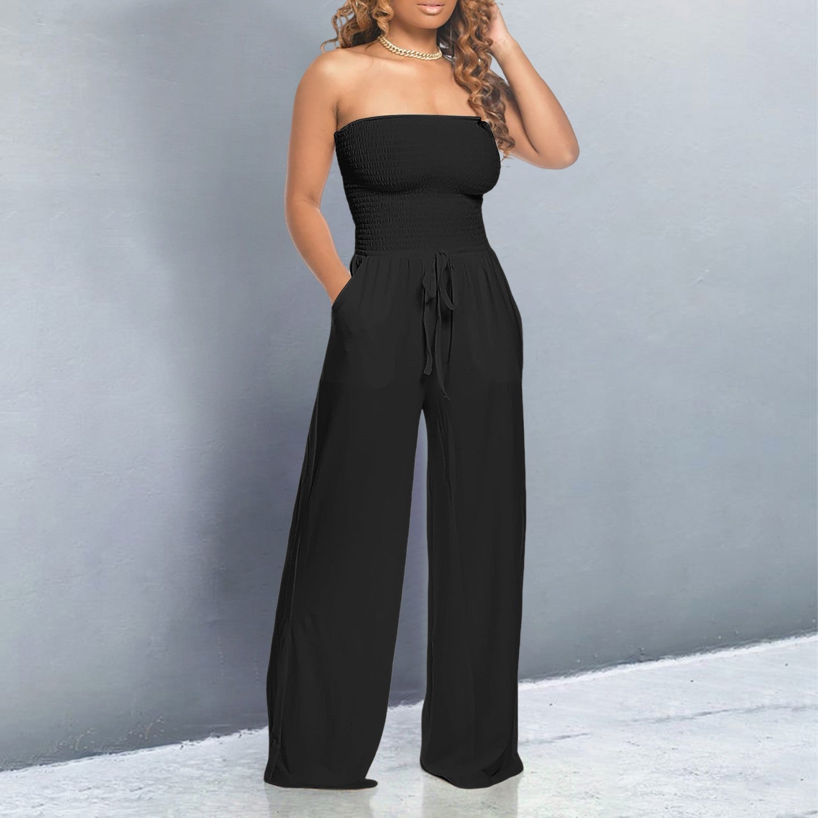 Smocked Bandeau Drawstring Waist Wide Leg Casual Jumpsuit