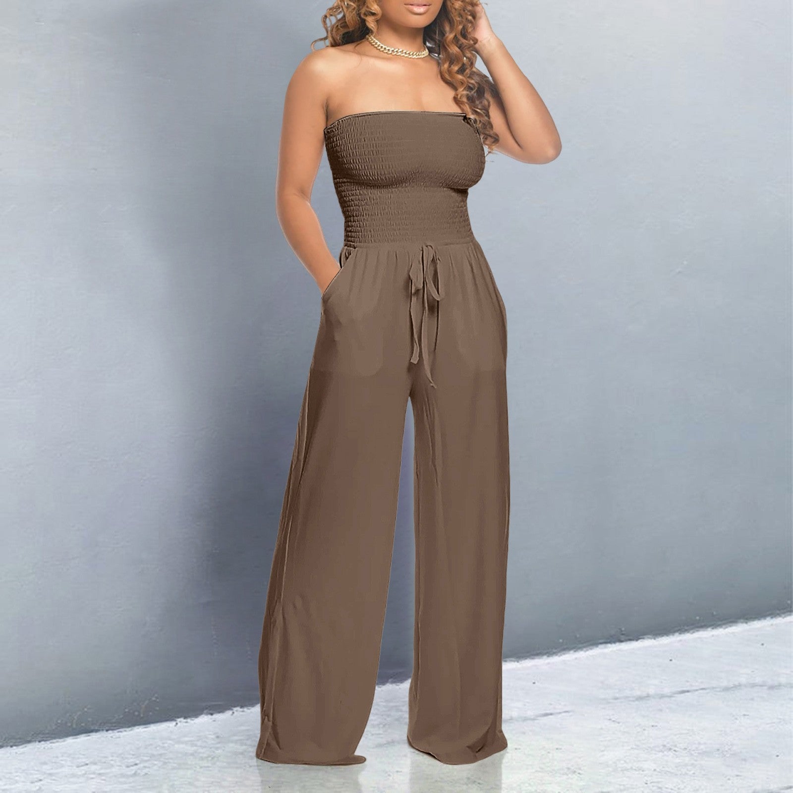 Smocked Bandeau Drawstring Waist Wide Leg Casual Jumpsuit