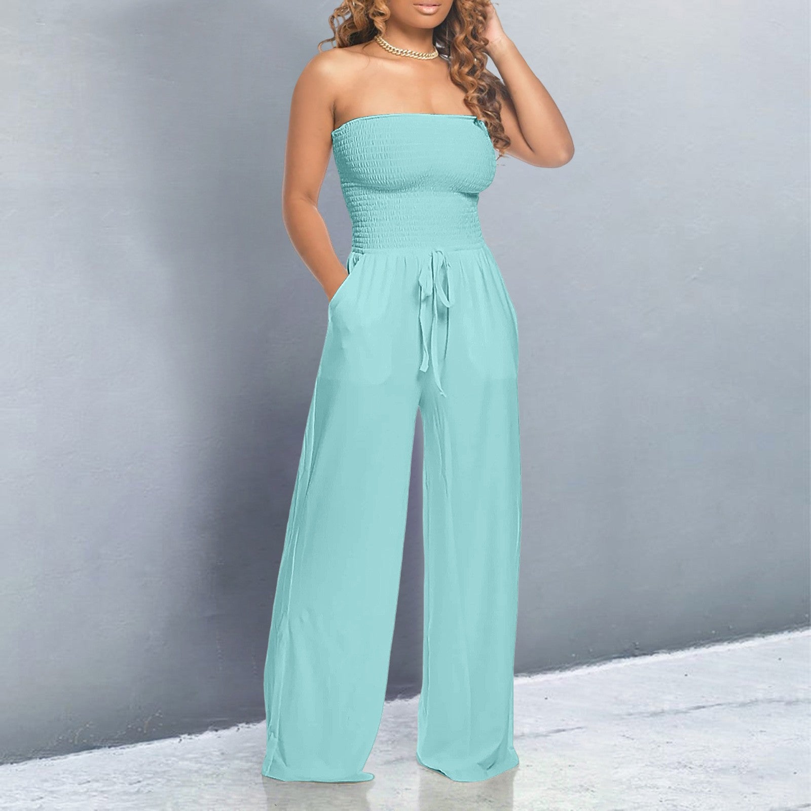 Smocked Bandeau Drawstring Waist Wide Leg Casual Jumpsuit