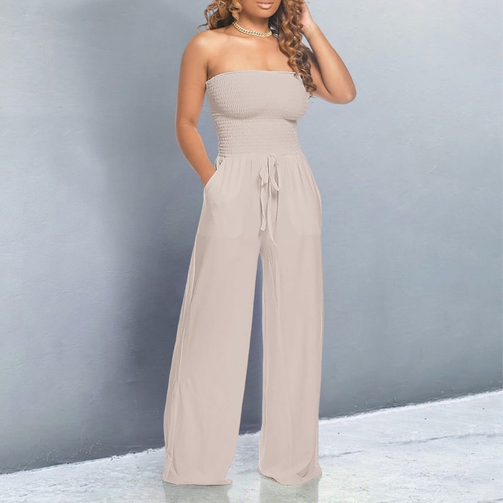 Smocked Bandeau Drawstring Waist Wide Leg Casual Jumpsuit