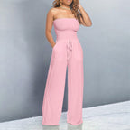 Smocked Bandeau Drawstring Waist Wide Leg Casual Jumpsuit
