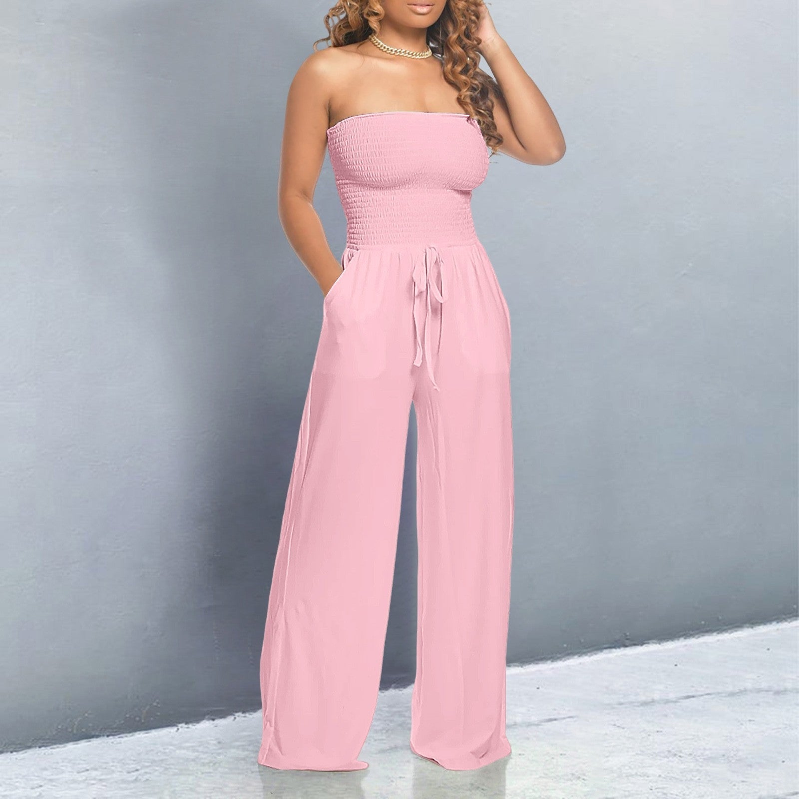 Smocked Bandeau Drawstring Waist Wide Leg Casual Jumpsuit
