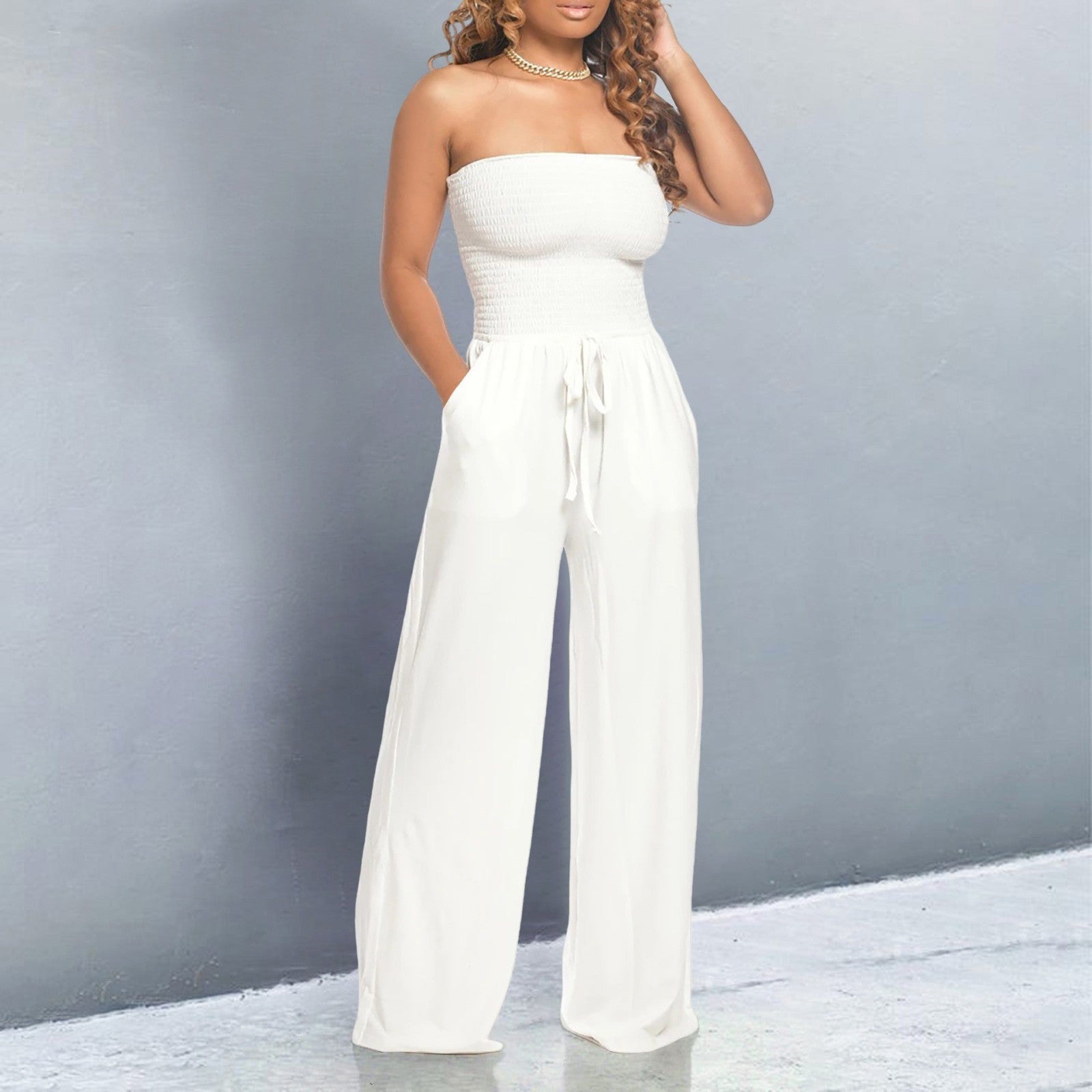 Smocked Bandeau Drawstring Waist Wide Leg Casual Jumpsuit