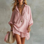 Oversized Longline Button Down Linen Shirt and Shorts Set