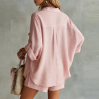 Oversized Longline Button Down Linen Shirt and Shorts Set