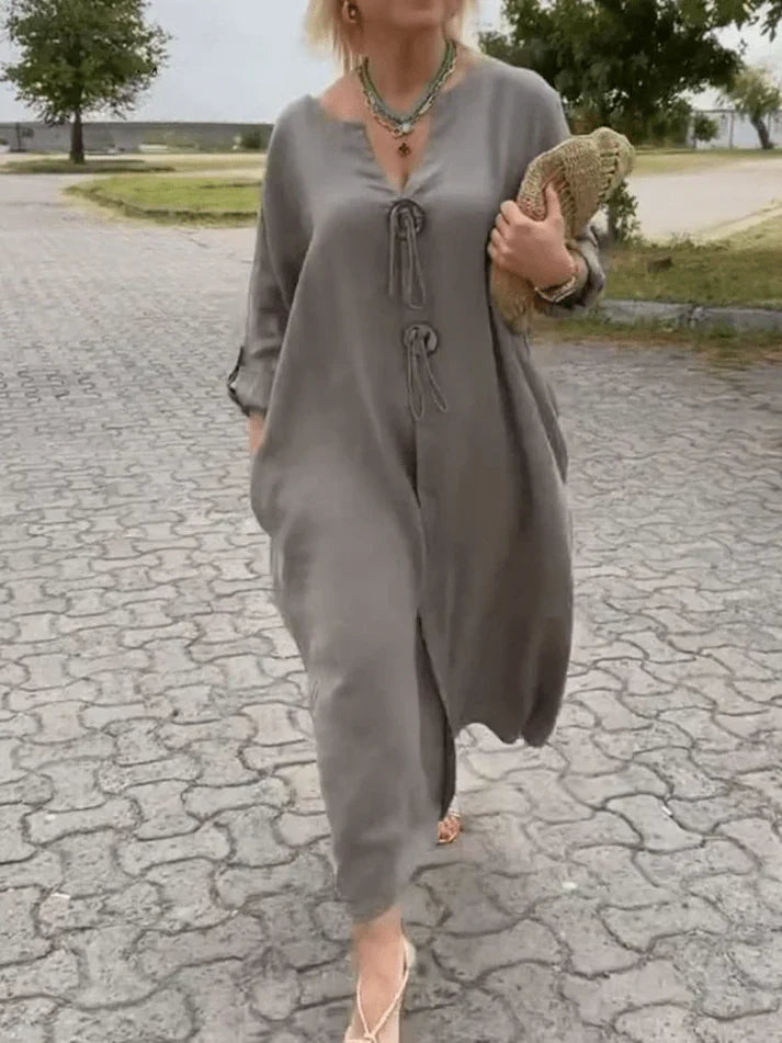 Linen Oversized V Neck Roll Sleeve Casual Maxi Dress