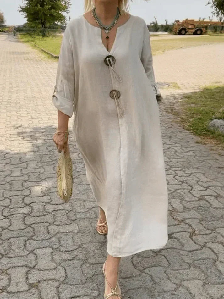Linen Oversized V Neck Roll Sleeve Casual Maxi Dress
