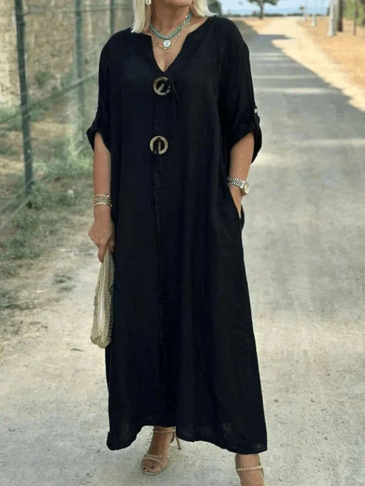 Linen Oversized V Neck Roll Sleeve Casual Maxi Dress