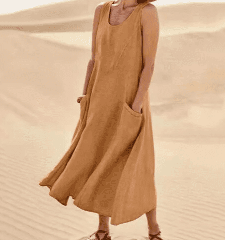 Linen Sleeveless Scoop Neck Pocket Casual Maxi Dress