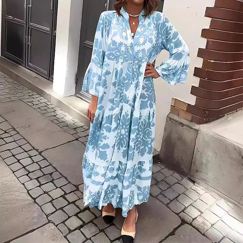 Baroque Print Lantern Sleeve Button Down Boho Maxi Dress