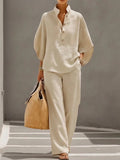 Linen Stand Collar Batwing Sleeve Top and Wide Leg Pant Set