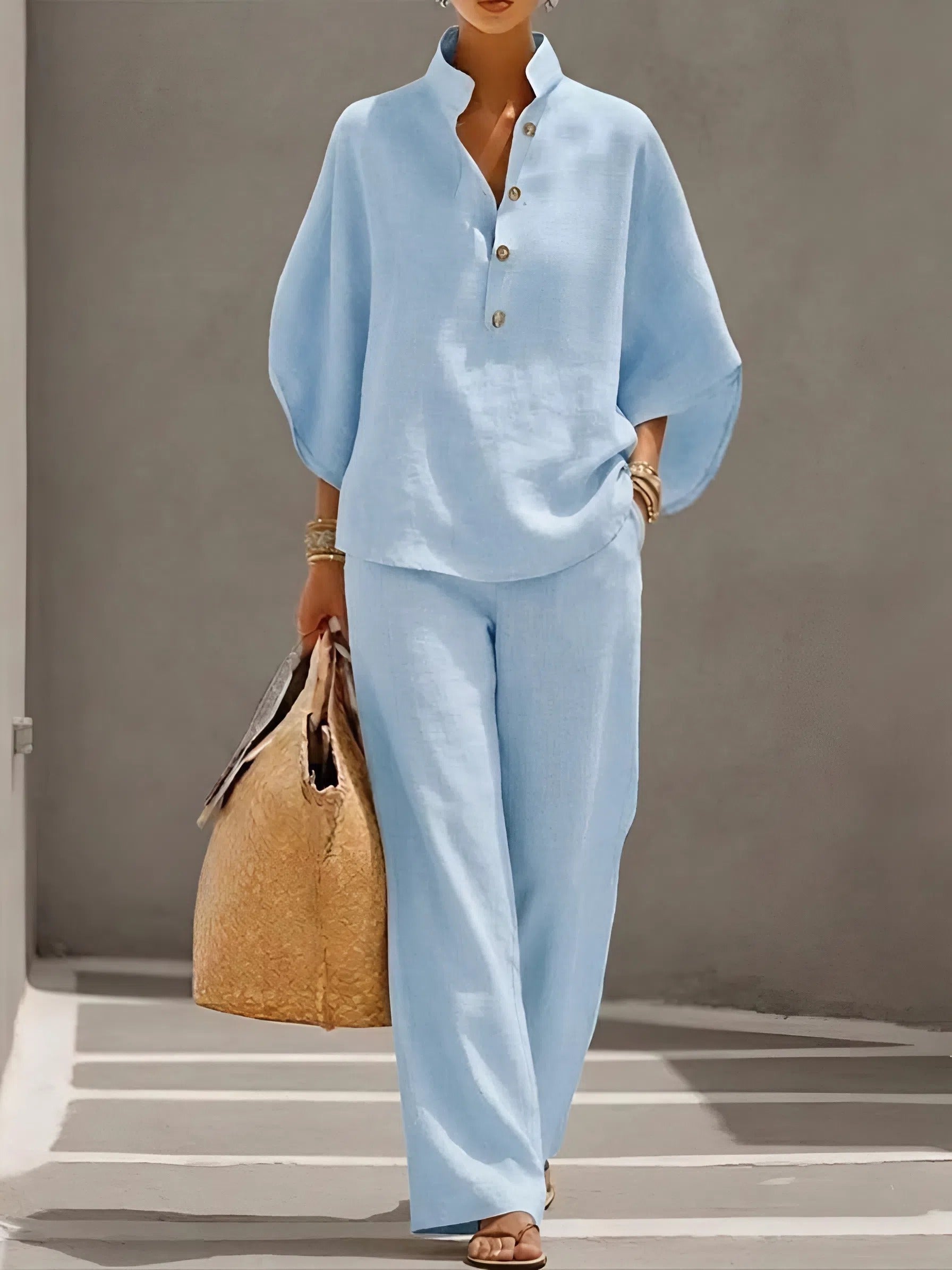 Linen Stand Collar Batwing Sleeve Top and Wide Leg Pant Set